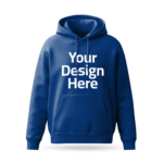Royal blue hoodie mockup with 'Your Design Here' placeholder printed on the front, ideal for custom design printing.
