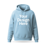 Sky blue hoodie mockup with 'Your Design Here' placeholder printed on front, ideal for custom design printing.