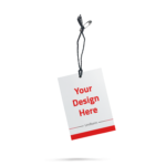 Hanging tag mockup with string, featuring a white tag with red 'Your Design Here' text and a red accent stripe, labeled 'Uniform' at the bottom, illustrating customizable clothing label or hang tag printing.