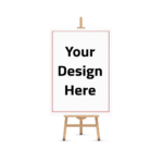 Mockup of a welcome board or sign displayed on a wooden easel with a white canvas featuring 'Your Design Here' text, ideal for custom printed signs or event signage.