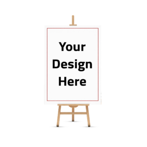 Mockup of a welcome board or sign displayed on a wooden easel with a white canvas featuring 'Your Design Here' text, ideal for custom printed signs or event signage.