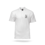 White polo shirt mockup with "Your Logo Here" text on the chest, ideal for custom logo printing or branded uniforms.
