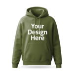Olive green hoodie mockup with 'Your Design Here' placeholder printed on the front, ideal for custom design printing.