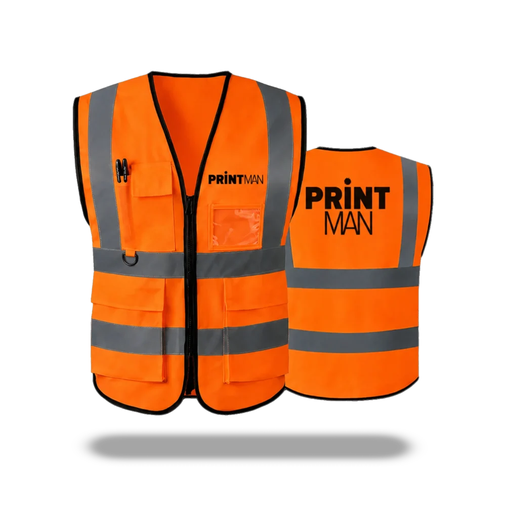 Custom printed orange zip-up reflective safety vest with 3 pockets in Amman Jordan