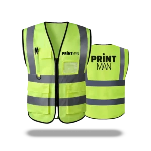 Custom printed yellow zip-up reflective safety vest with 3 pockets in Amman Jordan